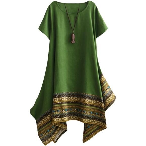 Women's Ethnic Cotton Linen Short/Long Sleeves Irregular Dress - Picture 1 of 14
